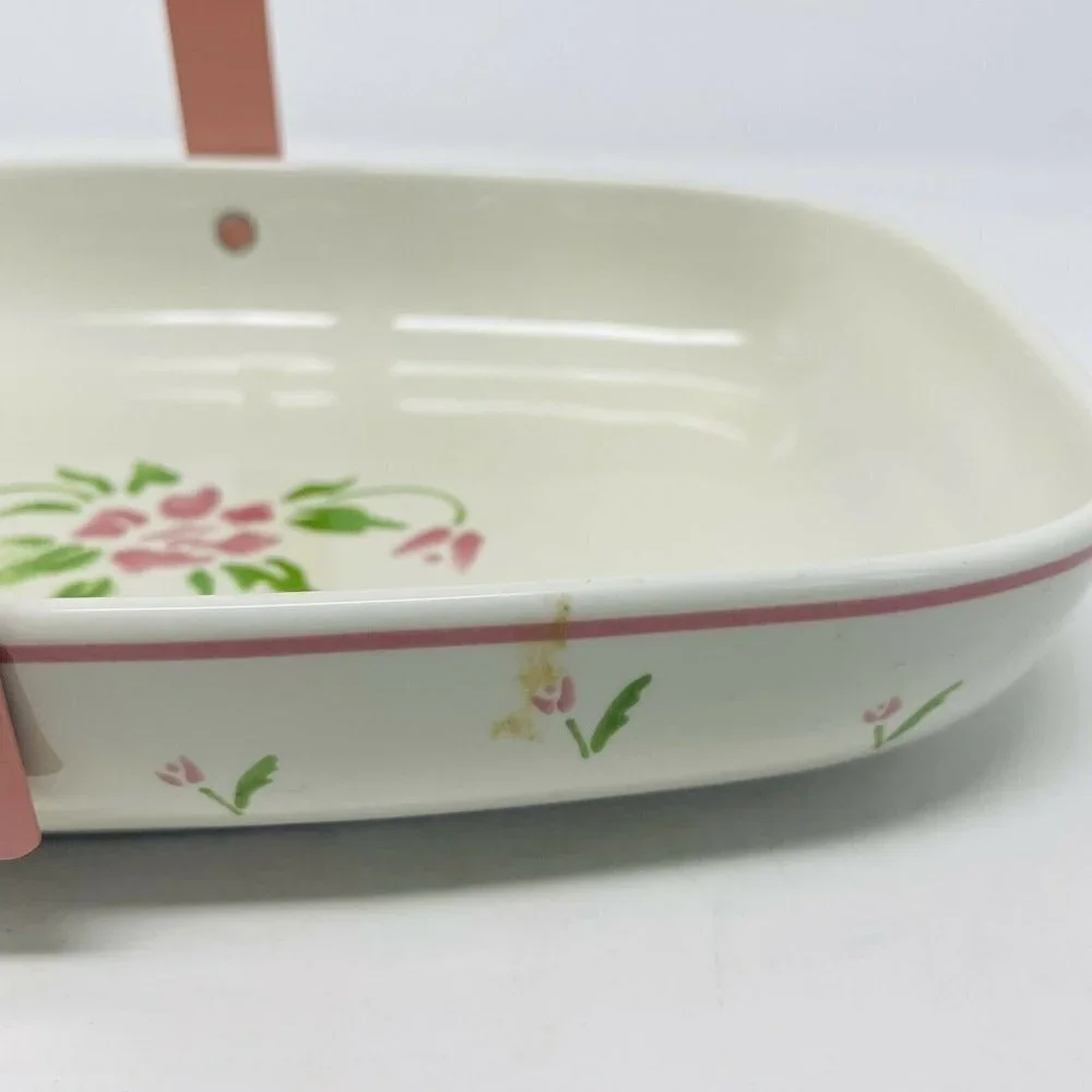 Vintage Teleflora 1985 Ceramic Serving Dish with Handle Pink‎ Floral Print White